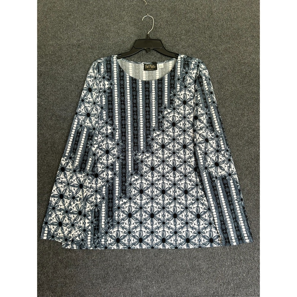 Bob Mackie Wearable Art Top LS Blue Black White Floral Geometric Patchwork - L